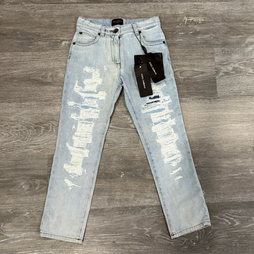 Dolce Gabbana Distressed 5-Pocket Denim Jeans, Girls SZ 8. Brand New with Tags